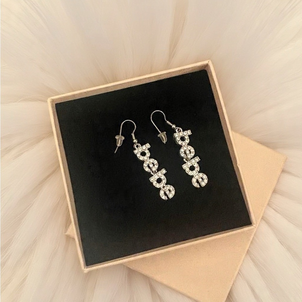 Bebe Sparkling Silver Logo Earrings